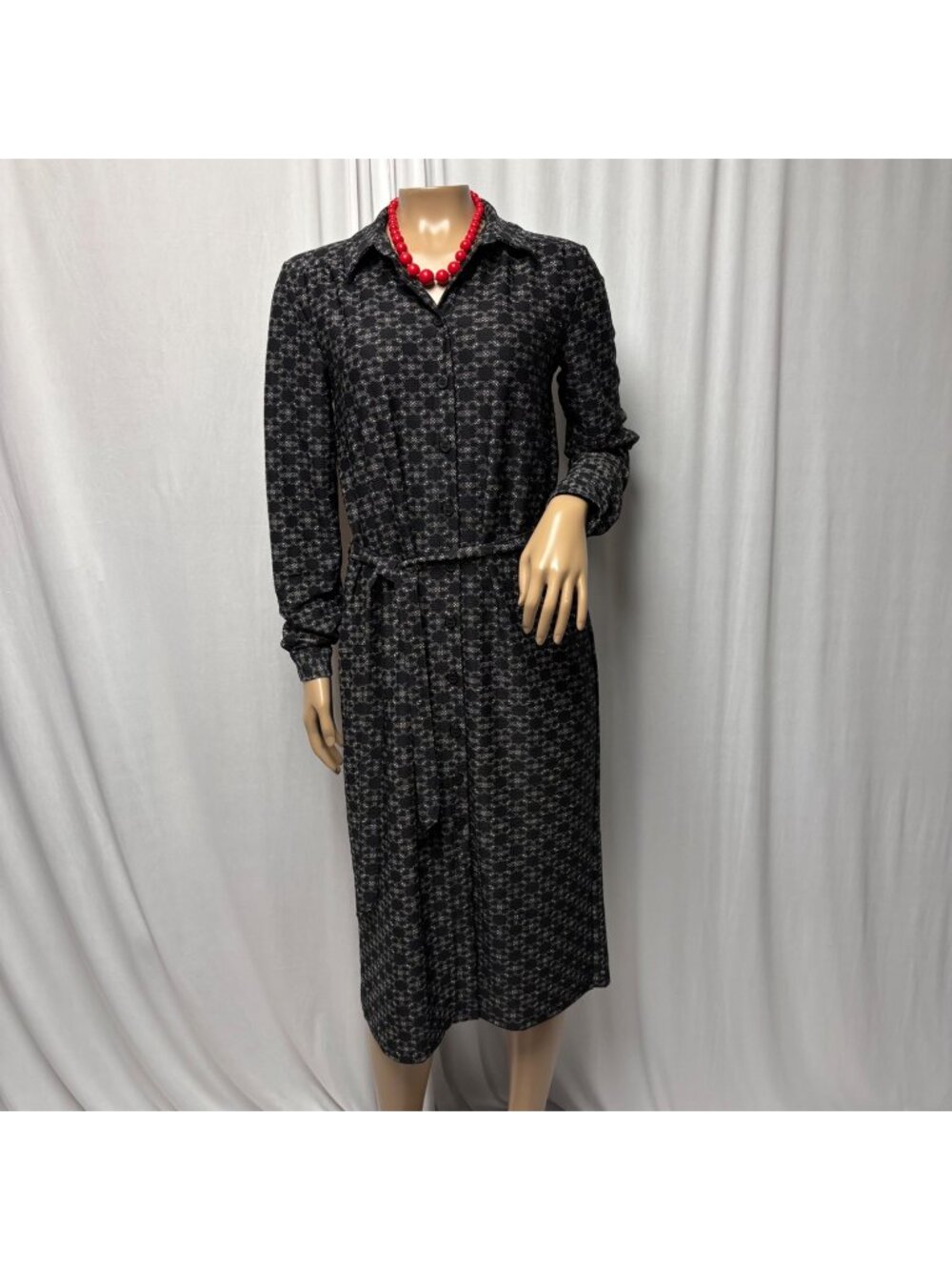 WE Fashion Shirt Dress Size Small Black Chain Print Belted Long Sleeve Midi